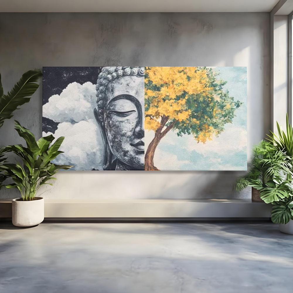 Tablou canvas cu tablou canvas cu buddha si copac, fara rama, pe sasiu de lemn